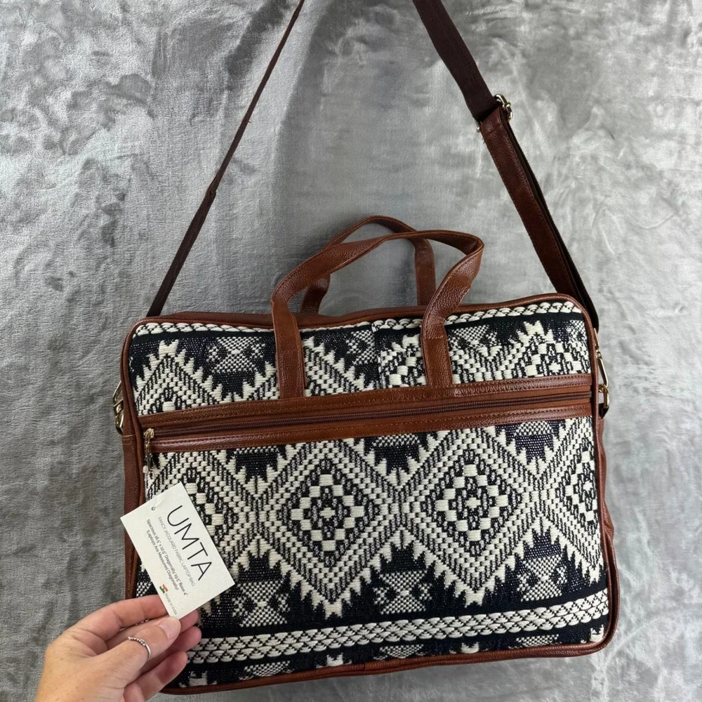 UMTA Jacquard Laptop Bag Unisex Large Black White Aztec Print Briefcase